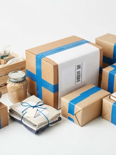 Bright high-key studio shot of packaged household goods on a clean white surface, crisp blue accent tape, neat shipping labels, sharp focus