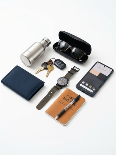 Bright high-key product photography of organized daily essentials on a clean white background, crisp studio light, 50mm lens