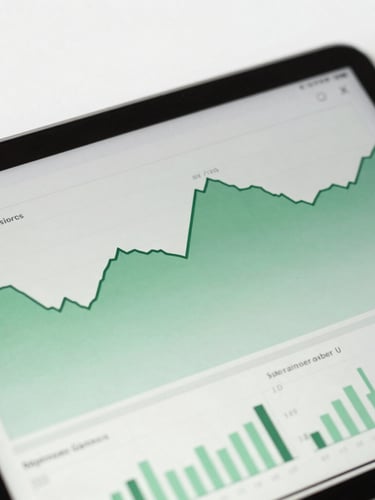 Macro shot of a clean tablet interface showing real-time financial dashboards, bright natural daylight, desaturated forest green tones, sharp focus