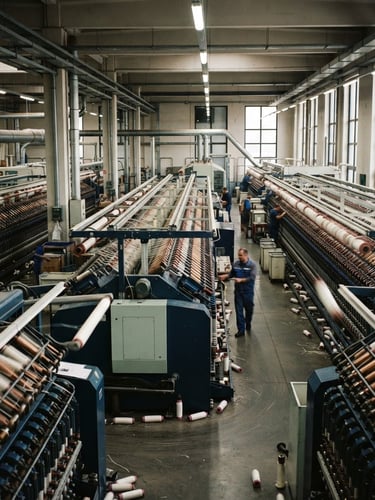 Wide-angle shot of a modern textile factory floor, high-speed spinning frames in motion, dramatic industrial daylight, crisp overhead factory illumination, deep navy and warm brass tones, sharp focus, 35mm.