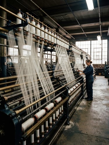 Wide shot of a high-speed textile spinning frame in operation, threads blurring in motion, industrial daylight streaming from large windows, crisp overhead factory illumination, deep navy and warm brass tones, sharp focus, 35mm