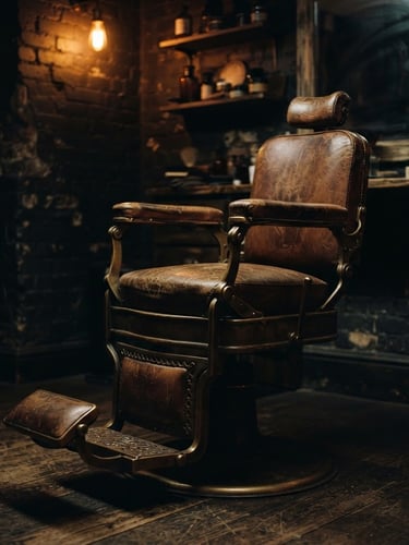 Moody editorial photography of a vintage leather barber chair in a dimly lit corner, warm low-key directional light, deep charcoal and amber tones, shallow depth of field, 35mm