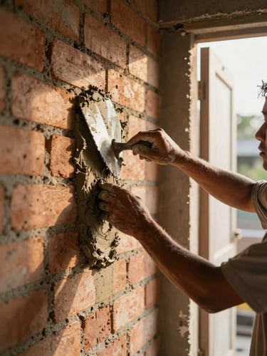 Close-up medium shot of a plasterer's hands smoothing wet mortar onto a brick wall inside a Nganjuk home under construction, warm golden daylight from an open doorway on the right, trowel edge catching the light, rough texture of fresh plaster visible