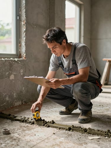 Medium shot of a builder crouching to inspect a mortar joint at floor level on a Nganjuk residential site, warm natural daylight from a side window, measuring tape and clipboard in hand, concrete walls visible in the background