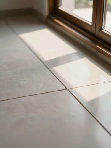 Close-up detail of a freshly grouted floor tile joint in a Nganjuk home, warm north-facing window light raking across the surface, grout line straight and fully filled, tile edge crisp