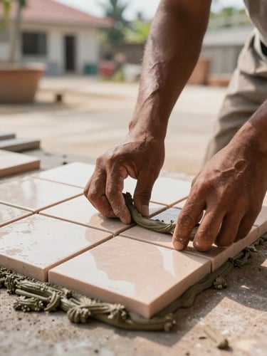 Close-up of a craftsman's hands pressing ceramic tiles into fresh mortar on a floor, warm north-facing daylight illuminating the grout lines and the textured tile surface, Nganjuk residential site in the background