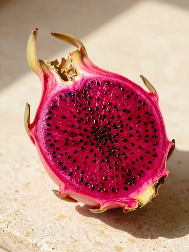 Macro shot of a vibrant pink dragon fruit cut in half, revealing rich red pulp with tiny black seeds, resting on a warm off-white stone surface under bright golden sun, 35mm