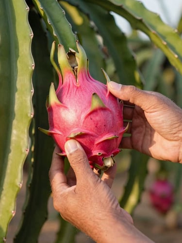 Hands of a farmer gently inspecting a ripe pink dragon fruit on the vine, warm morning sunlight, focus on the texture of the skin, 35mm.