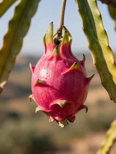 Close-up macro photography of a vibrant pink pitaya fruit hanging from a green vine, natural sunlight highlighting the scaly texture, Andalusian hills blurred in the background, warm editorial style, 35mm