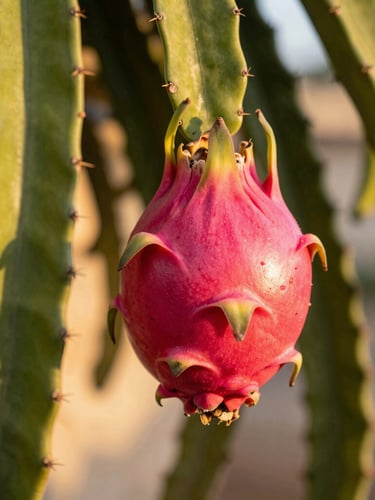 Close-up of a vibrant pink pitaya fruit hanging from a green cactus vine, warm golden-hour Andalusian sunlight illuminating the skin texture, soft background focus