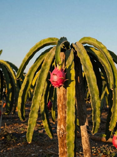 Portrait editorial photography of a lush dragon fruit plantation in Andalusia, green cacti climbing rustic wooden posts under warm golden-hour sunlight, clear blue sky, 35mm