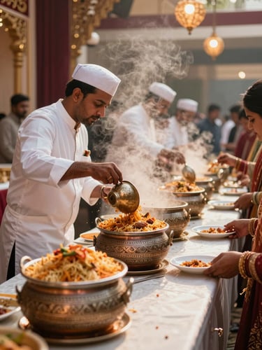 Wide cinematic frame of a Mughlai wedding live counter in full service, a chef in white uniform ladling biryani from a large decorated pot under warm tungsten event lighting, steam rising, guests' hands visible at the right edge receiving plates, deep maroon and gold event décor in the background
