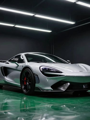 Low-angle dramatic photograph of a pristine sports car in a sterile dark-mode detailing bay under bright overhead LED light bars, sharp green reflections, 35mm