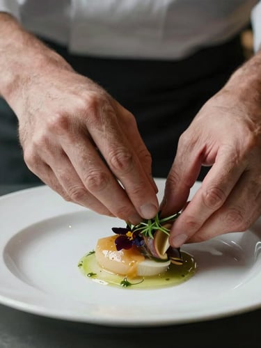 Close-up of a chef's hands plating a delicate dish, soft natural side lighting, dark moody background, focus on texture.