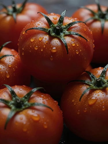 Extreme close-up of fresh organic tomatoes on a dark vine with water droplets, soft side lighting, moody shadows, rustic elegant aesthetic.