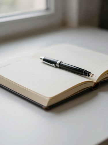 A close-up of a structured leather notebook open on a clean desk, a fountain pen resting on the page, soft morning light from a side window, shallow depth of field.