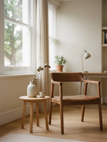A bright, minimalist clinical consulting room with a warm wooden chair, a small side table with a ceramic vase, soft natural window light casting gentle shadows, 35mm editorial photography.
