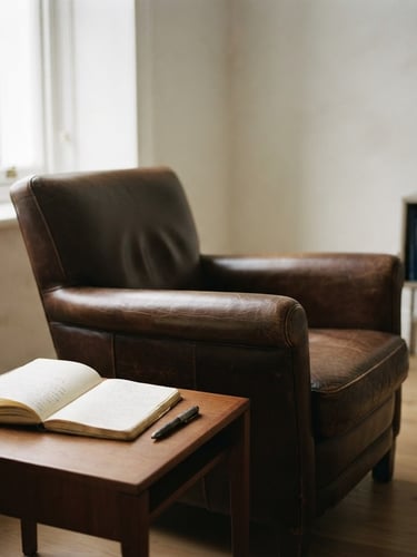 Minimalist clinical consultation room with soft natural window light, an empty classic leather armchair, a notebook on a side table, muted academic tones, shallow depth of field, 35mm