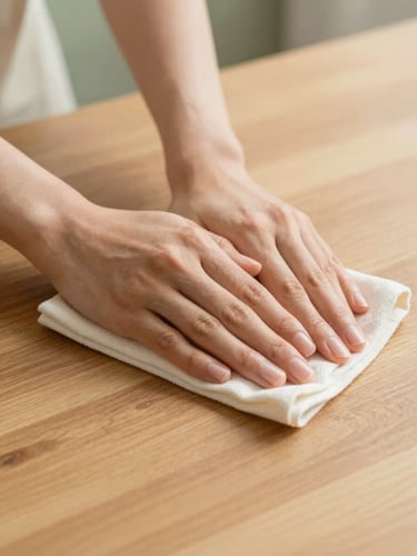 Close-up of clean hands wiping a solid wood table surface with a soft cloth, warm natural light, sage green tones, shallow depth of field