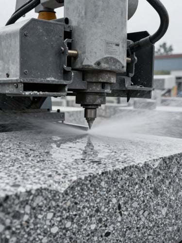 Industrial diamond-wire saw machine slicing through a massive block of raw grey granite, water spray reflections, overcast daylight, sharp focus, 35mm lens.