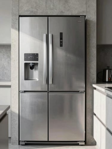 Straight-on architectural photograph of a premium brushed-steel refrigerator integrated into a modern concrete kitchen, soft morning side-light, 50mm lens