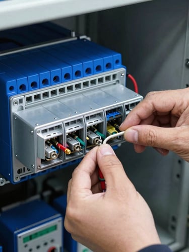 Sharp industrial photograph of hands wiring terminal blocks inside a retrofitted PLC control cabinet, micro-precision details of electrical components, high-contrast workshop lighting, deep blue and metallic silver tones, 50mm lens.