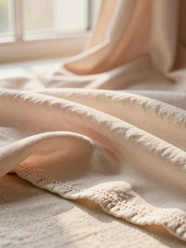 Detailed close-up of premium soft pink and cream fabrics draped over a natural linen surface, warm diffused golden-hour daylight, focusing on delicate weave and craftsmanship