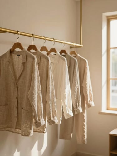Warm minimalist boutique interior in Ampang, soft linen clothes hanging on wooden racks, brass accents, cream plastered walls, soft daylight.