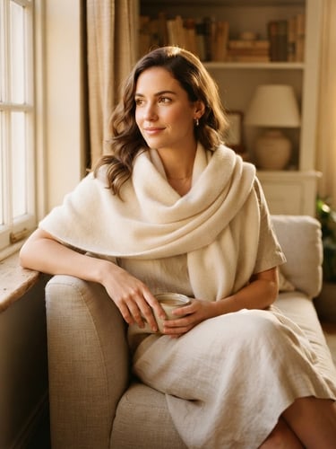 Elegant lifestyle shot of a woman in a soft cream scarf and beige dress, warm golden-hour window light, muted cream and beige tones, shallow depth of field, 35mm lens