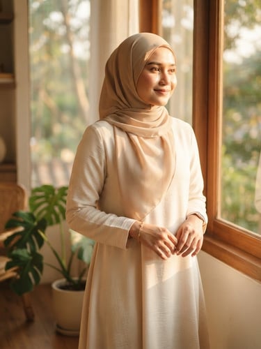 Medium shot of a modern Malaysian woman in a soft cream-colored modest dress and elegant beige hijab, standing by a sunlit window with warm golden-hour light casting soft shadows, 35mm lens, depth of field.