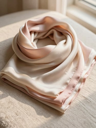 A close-up flat-lay of premium silk scarves in soft pink, cream, and beige tones, neatly folded on a textured linen surface with a subtle gold accessory reflecting warm natural sunlight.