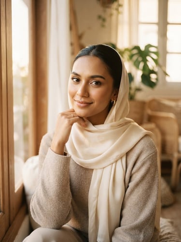 Warm editorial portrait of a modern Malaysian woman wearing a soft cream-colored silk scarf, soft golden-hour window light, muted beige tones, shallow depth of field, 35mm lens.