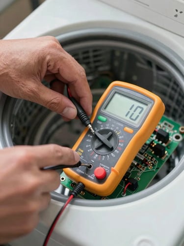 Extreme close-up of hands using a digital multimeter to test electrical contacts on a washing machine control board, bright natural daylight.