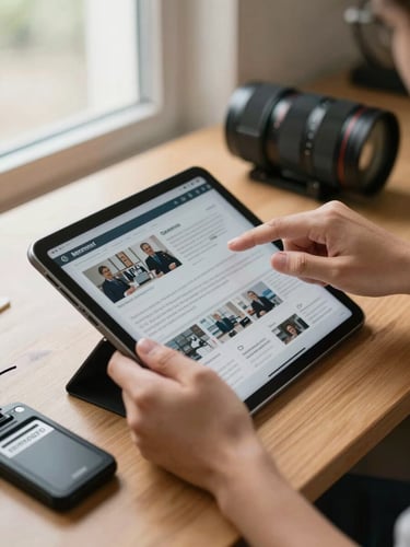 Close-up of a journalist's hands scrolling a tablet screen showing a news feed interface, strong window light from the left, a field recorder and press badge resting on a wooden table beside the device, shallow depth of field