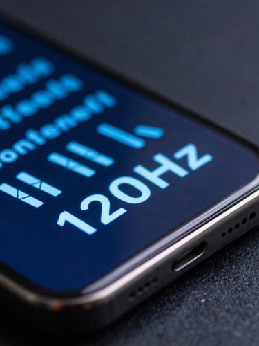 Extreme close-up macro shot of a physical smartphone screen reflecting electric-blue code, sharp edge lighting, dark studio environment, showing a fluid 120Hz UI transition.