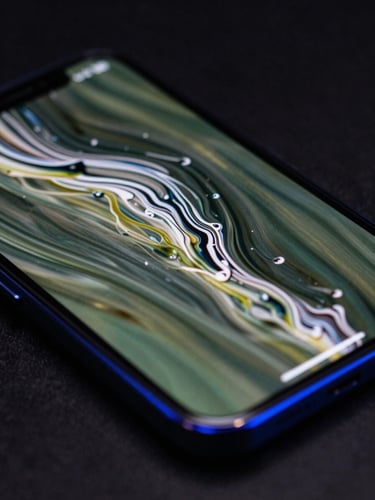 Macro close-up of a physical mobile screen showing a fluid 120Hz animation transition, reflected in low-key studio lighting with sharp electric-blue edge glow