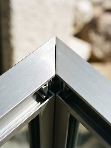 Extreme close-up of a flawless aluminum window miter joint, sharp metallic reflections, bright harsh desert sunlight, high contrast architectural photography, 35mm