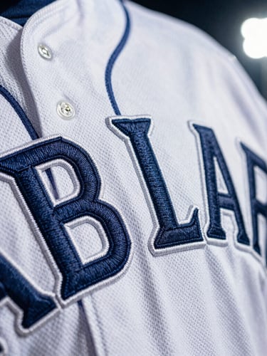 Macro close-up of heavy-duty tackle twill lettering on a baseball jersey, crisp embroidery border, dramatic stadium floodlight key lighting.