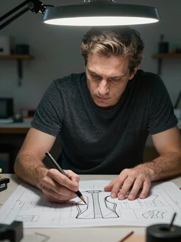 A close-up portrait of a master pattern-maker in a dimly lit studio, analyzing a technical sportswear blueprint under a sharp neon volt key light, high-contrast shadows.