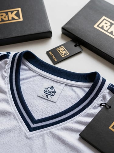 Clean flat-lay of finished custom jerseys showing inner woven neck labels, custom brand hangtags, and premium retail packaging.