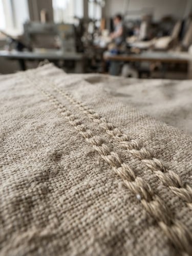 Tight macro shot of industrial double-needle stitching on heavy raw canvas, natural diffused factory window light, shallow depth of field, neutral tones