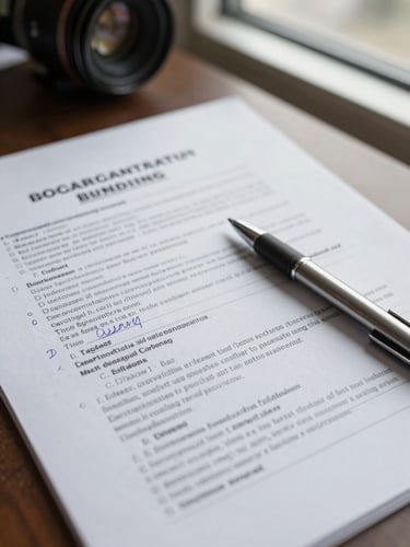 Close-up overhead view of a printed government bid edital spread on a desk, handwritten annotations in the margins, a pen resting across the page, natural office daylight from a nearby window
