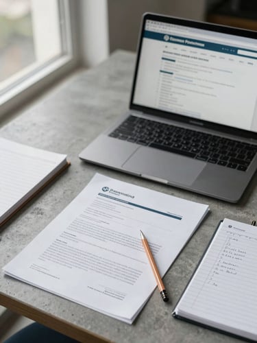 A laptop, printed documents, and a notebook with a pencil on a desk for remote work and office productivity.