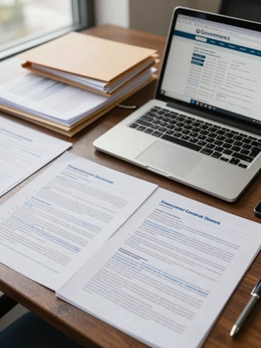 Close overhead view of a consultancy desk: printed edital pages annotated in blue ink, a laptop screen open to a government bidding platform, organized document folders in the background, natural office daylight from a window at left
