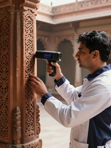 A professional technician in a crisp white and navy uniform using a thermal imaging camera to inspect the carved wooden pillars of an ornate Rajasthani haveli courtyard, bright natural daylight.