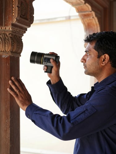 A professional technician in a crisp navy uniform using a thermal imaging camera to inspect a carved wooden column inside a Rajasthani haveli, bright daylight.
