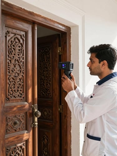 A professional technician in a crisp white and navy branded uniform using a thermal imaging camera to inspect a carved wooden doorway inside a bright, sunlit Rajasthani haveli.