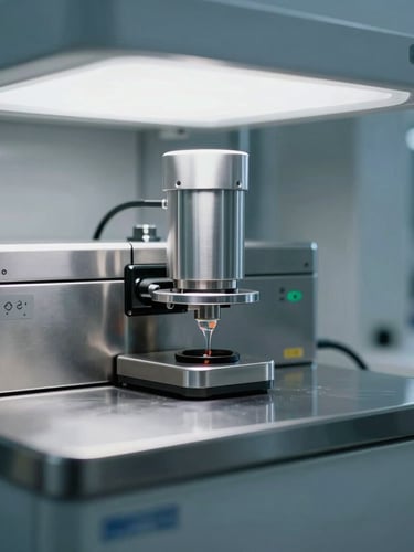 Macro shot of high-performance liquid chromatography HPLC equipment in a sterile laboratory, cool white overhead lighting, high-contrast reflections on stainless steel surfaces.