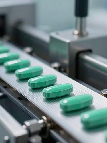 Close-up macro shot of a modern high-speed blister packaging line with emerald green tablets, sterile steel machinery, cool clinical lighting