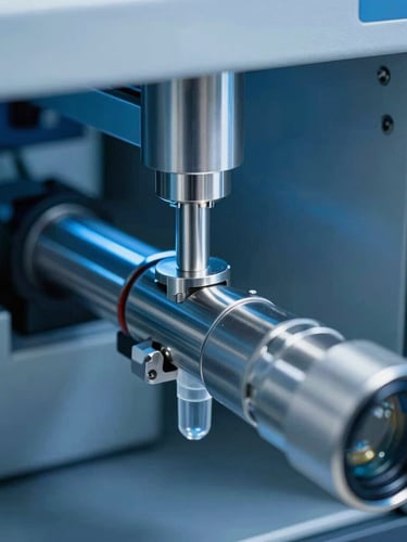 Macro close-up of a high-performance liquid chromatography HPLC instrument, sterile cool blue lighting, precise stainless steel tubes.